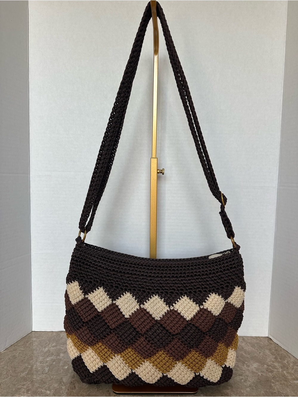 Boho Autumn Diamond Crochet Knit Shoulder Bag Artsian Cottagecore Dark Acedemia